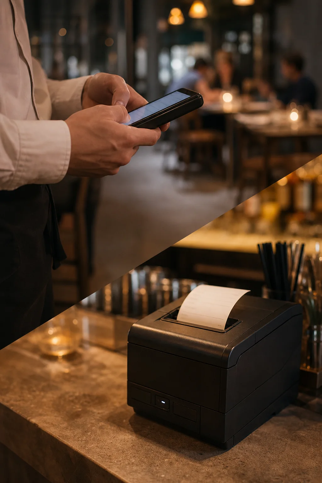 Kellner erfasst eine Getränkebestellung am Smartphone, während an der Bar ein Bon gedruckt wird
