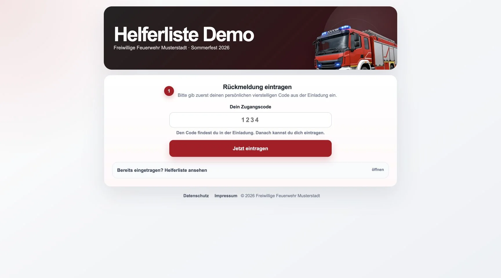 Startseite der Helferliste mit Zugangscode