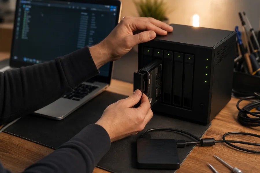 Technische Wartung mit Server und gesicherter Festplatte