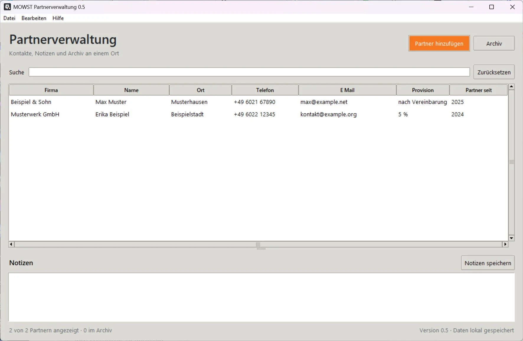 Partnerverwaltung 0.5 mit Suche, Partnerliste, Kontaktdaten und Notizbereich