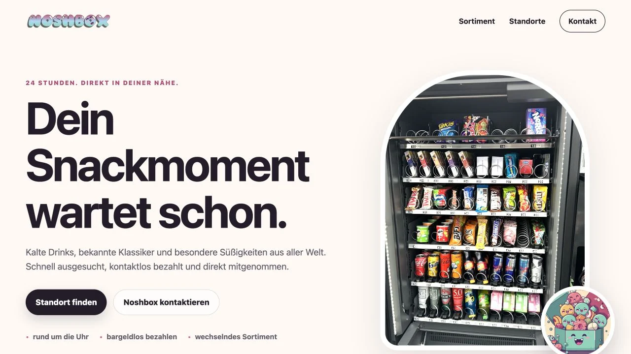 Die neue Noshbox Landingpage mit Logo, Verkaufsautomat und Standortsuche